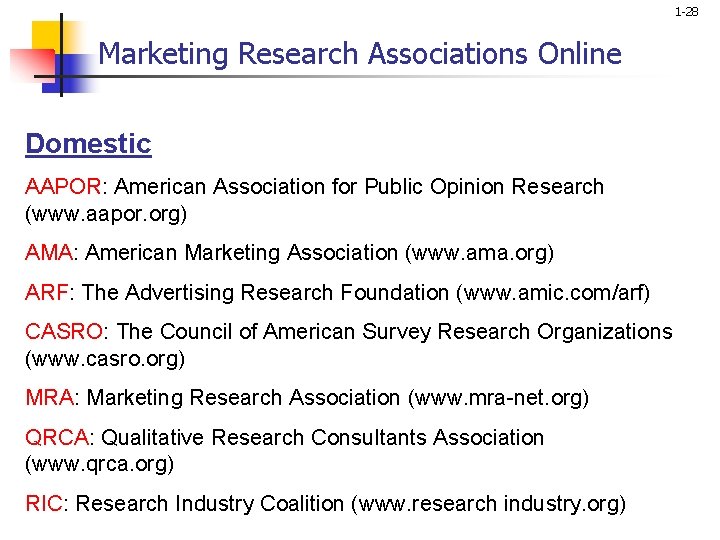 1 -28 Marketing Research Associations Online Domestic AAPOR: American Association for Public Opinion Research