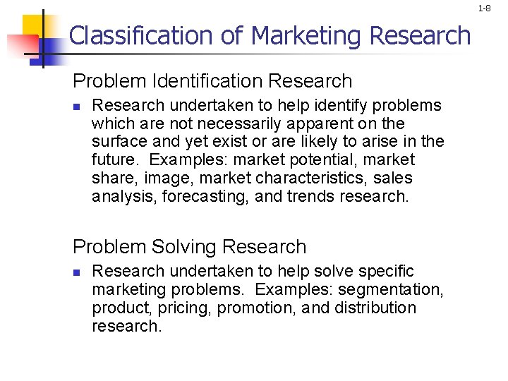 1 -8 Classification of Marketing Research Problem Identification Research undertaken to help identify problems