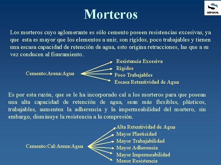 Morteros Los morteros cuyo aglomerante es sólo cemento poseen resistencias excesivas, ya que esta