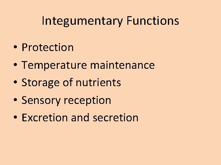 Integumentary Functions • • • Protection Temperature maintenance Storage of nutrients Sensory reception Excretion