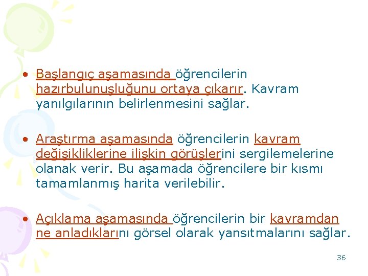  • Başlangıç aşamasında öğrencilerin hazırbulunuşluğunu ortaya çıkarır. Kavram yanılgılarının belirlenmesini sağlar. • Araştırma