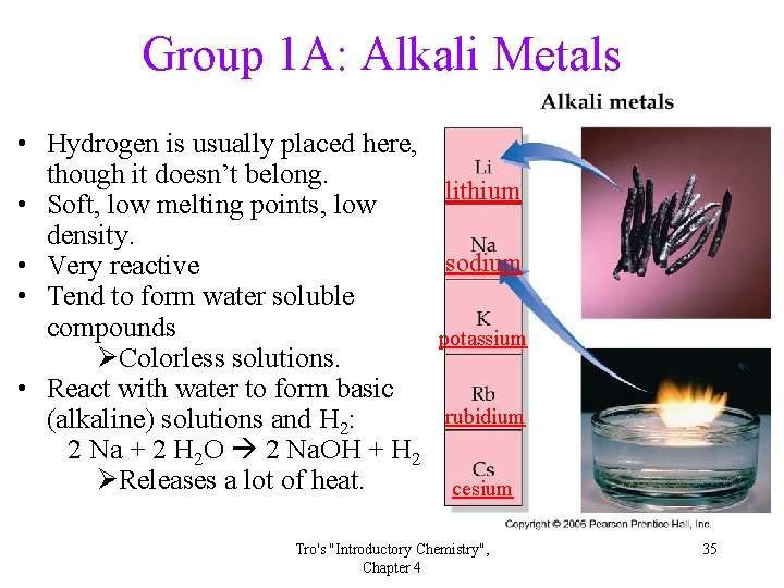 Group 1 A: Alkali Metals • Hydrogen is usually placed here, though it doesn’t