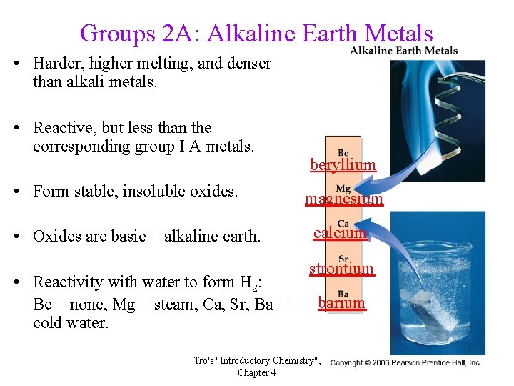 Groups 2 A: Alkaline Earth Metals • Harder, higher melting, and denser than alkali