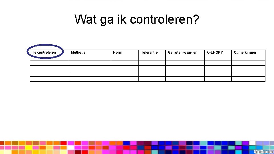 Wat ga ik controleren? Te controleren Methode Norm Tolerantie Gemeten waarden OK/NOK? Opmerkingen 