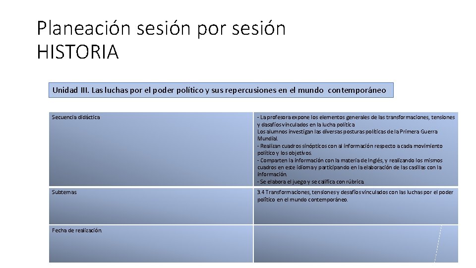 Planeación sesión por sesión HISTORIA Unidad III. Las luchas por el poder político y