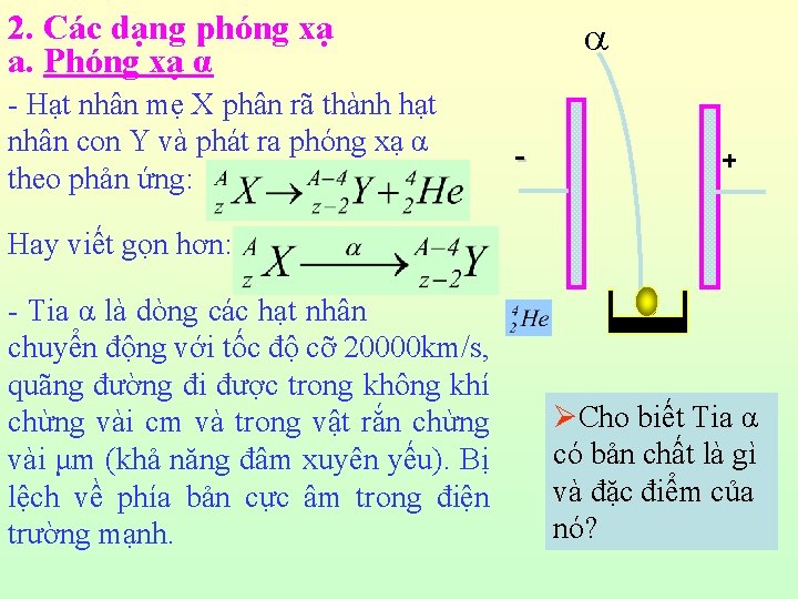 2. Các dạng phóng xạ a. Phóng xạ α - Hạt nhân mẹ X