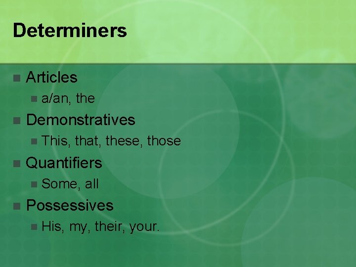 Determiners n Articles n n Demonstratives n n This, that, these, those Quantifiers n