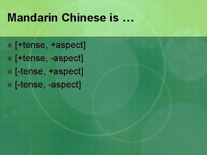 Mandarin Chinese is … [+tense, +aspect] n [+tense, -aspect] n [-tense, +aspect] n [-tense,