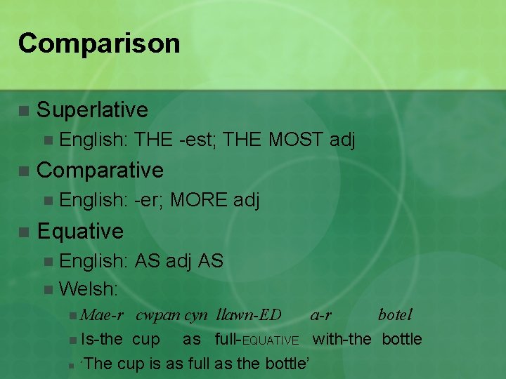 Comparison n Superlative n n Comparative n n English: THE -est; THE MOST adj