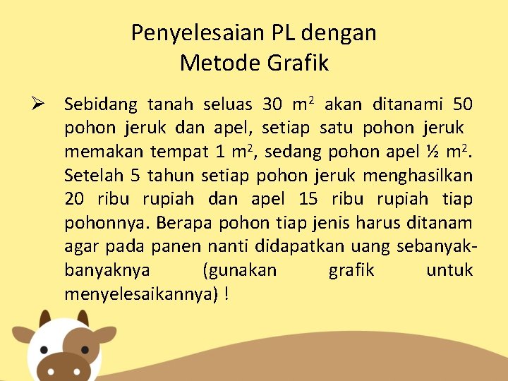 Penyelesaian PL dengan Metode Grafik Sebidang tanah seluas 30 m 2 akan ditanami 50