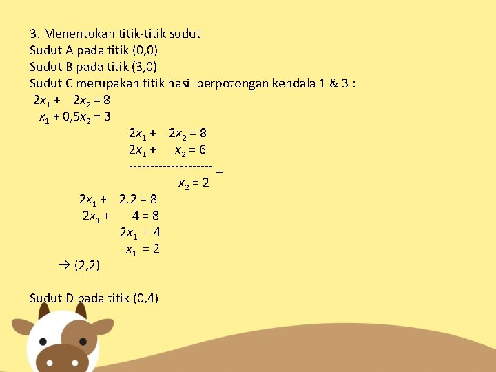 3. Menentukan titik-titik sudut Sudut A pada titik (0, 0) Sudut B pada titik