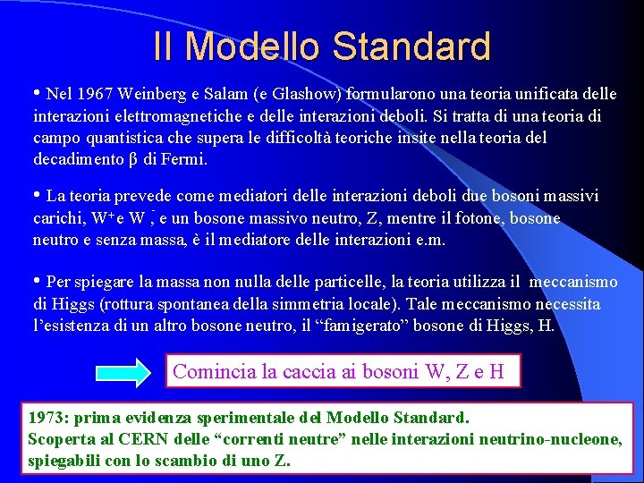 Il Modello Standard • Nel 1967 Weinberg e Salam (e Glashow) formularono una teoria