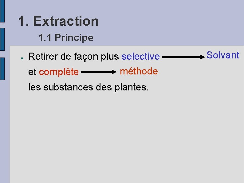 1. Extraction 1. 1 Principe ● Retirer de façon plus selective méthode et complète