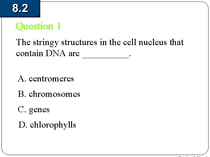 Question 1 The stringy structures in the cell nucleus that contain DNA are _____.