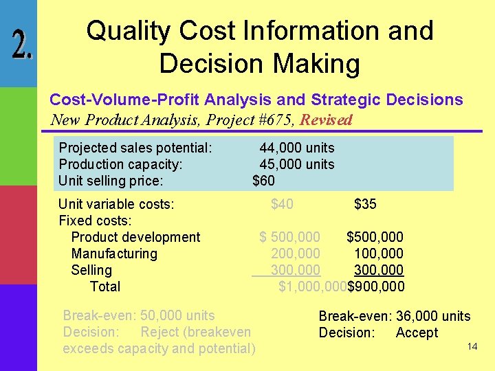 Quality Cost Information and Decision Making Cost-Volume-Profit Analysis and Strategic Decisions New Product Analysis,