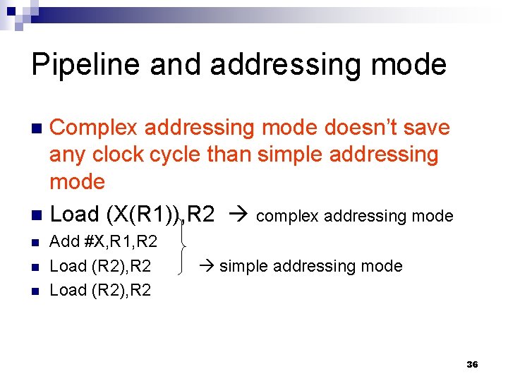 Pipeline and addressing mode Complex addressing mode doesn’t save any clock cycle than simple