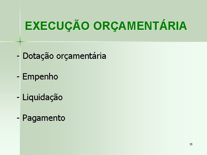 EXECUÇÃO ORÇAMENTÁRIA - Dotação orçamentária - Empenho - Liquidação - Pagamento 35 
