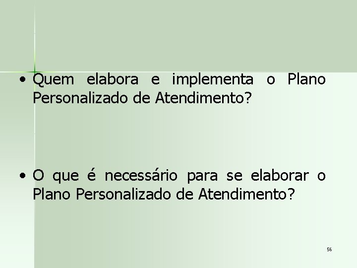  • Quem elabora e implementa o Plano Personalizado de Atendimento? • O que