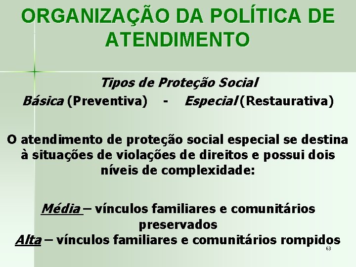 ORGANIZAÇÃO DA POLÍTICA DE ATENDIMENTO Tipos de Proteção Social Básica (Preventiva) - Especial (Restaurativa)