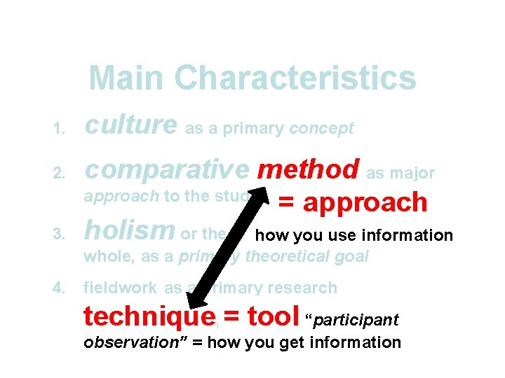 Main Characteristics 1. 2. 3. culture as a primary concept comparative method as major