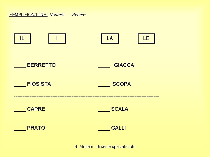 SEMPLIFICAZIONE: Numero… Genere IL I LA ____ BERRETTO ____ GIACCA ____ FIOSISTA ____ SCOPA