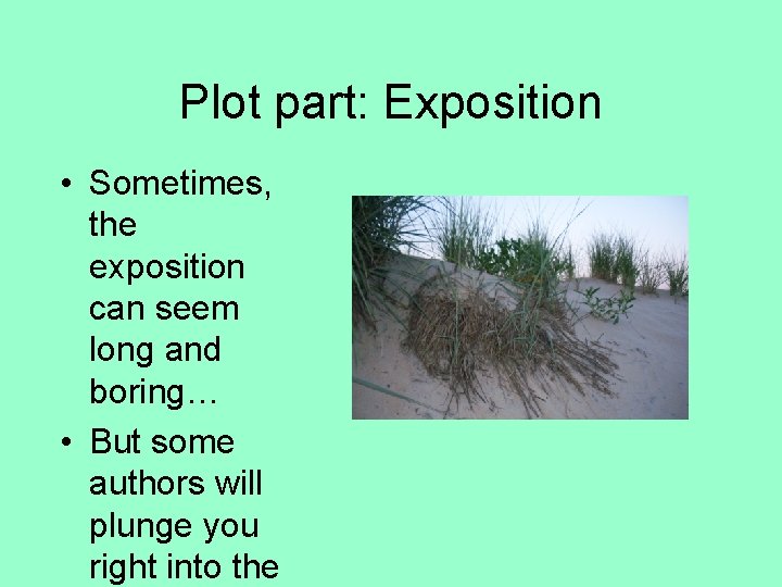 Plot part: Exposition • Sometimes, the exposition can seem long and boring… • But