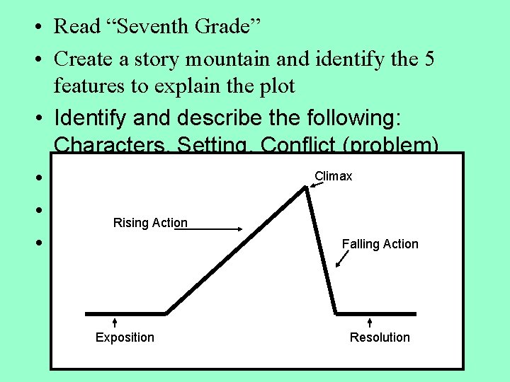  • Read “Seventh Grade” • Create a story mountain and identify the 5