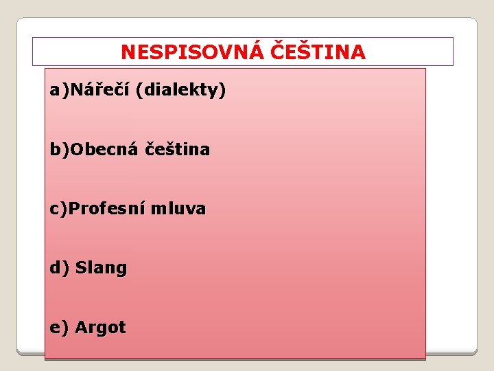 NESPISOVNÁ ČEŠTINA a)Nářečí (dialekty) b)Obecná čeština c)Profesní mluva d) Slang e) Argot NESPISOVNÁ ČEŠTINA a)Nářečí (dialekty) b)Obecná čeština c)Profesní mluva d) Slang e) Argot