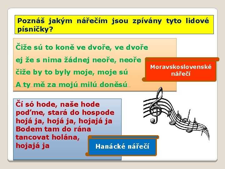 Poznáš jakým nářečím jsou zpívány tyto lidové písničky? Čiže sú to koně ve dvoře, Poznáš jakým nářečím jsou zpívány tyto lidové písničky? Čiže sú to koně ve dvoře,