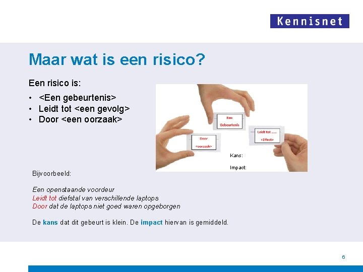 Maar wat is een risico? Een risico is: • <Een gebeurtenis> • Leidt tot