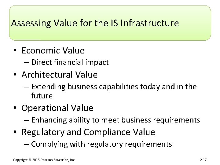 Assessing Value for the IS Infrastructure • Economic Value – Direct financial impact •