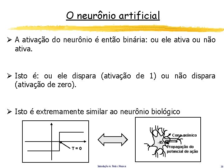 O neurônio artificial Ø A ativação do neurônio é então binária: ou ele ativa O neurônio artificial Ø A ativação do neurônio é então binária: ou ele ativa