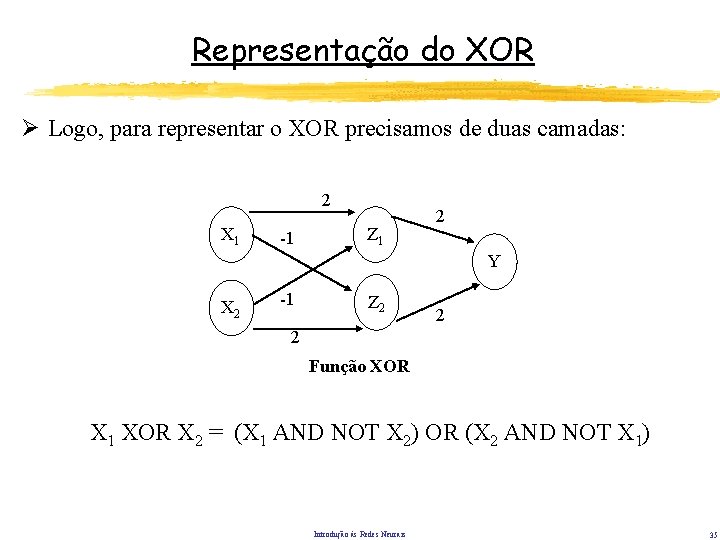 Representação do XOR Ø Logo, para representar o XOR precisamos de duas camadas: 2 Representação do XOR Ø Logo, para representar o XOR precisamos de duas camadas: 2