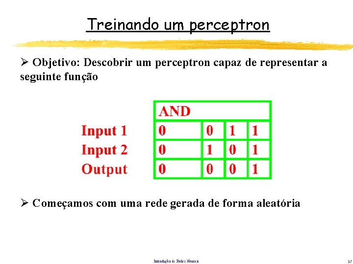 Treinando um perceptron Ø Objetivo: Descobrir um perceptron capaz de representar a seguinte função Treinando um perceptron Ø Objetivo: Descobrir um perceptron capaz de representar a seguinte função