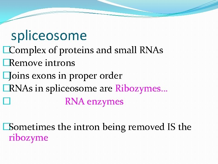 spliceosome �Complex of proteins and small RNAs �Remove introns �Joins exons in proper order