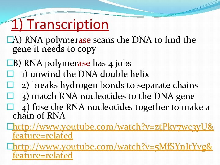 1) Transcription �A) RNA polymerase scans the DNA to find the gene it needs