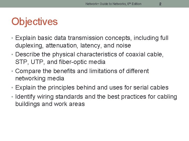Network+ Guide to Networks, 6 th Edition 2 Objectives • Explain basic data transmission