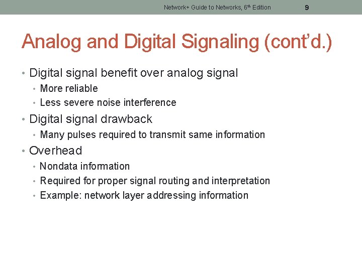 Network+ Guide to Networks, 6 th Edition 9 Analog and Digital Signaling (cont’d. )