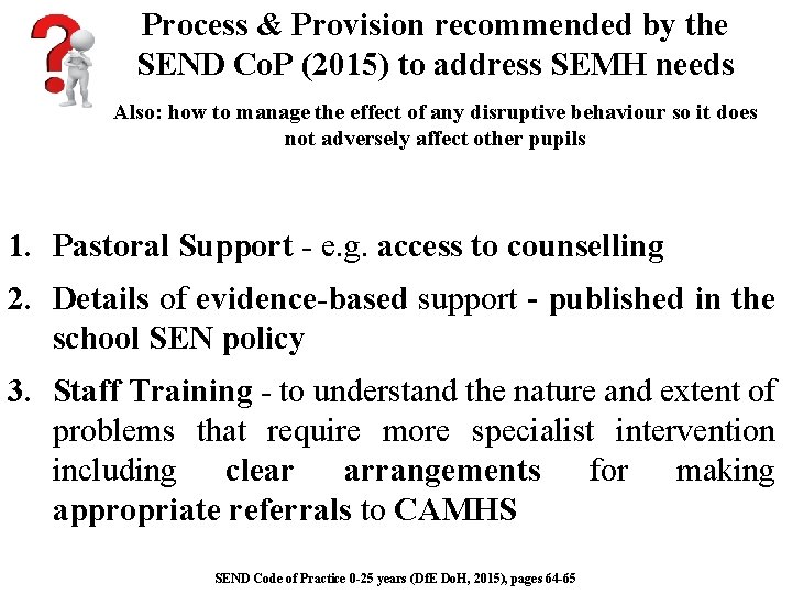 Process & Provision recommended by the SEND Co. P (2015) to address SEMH needs
