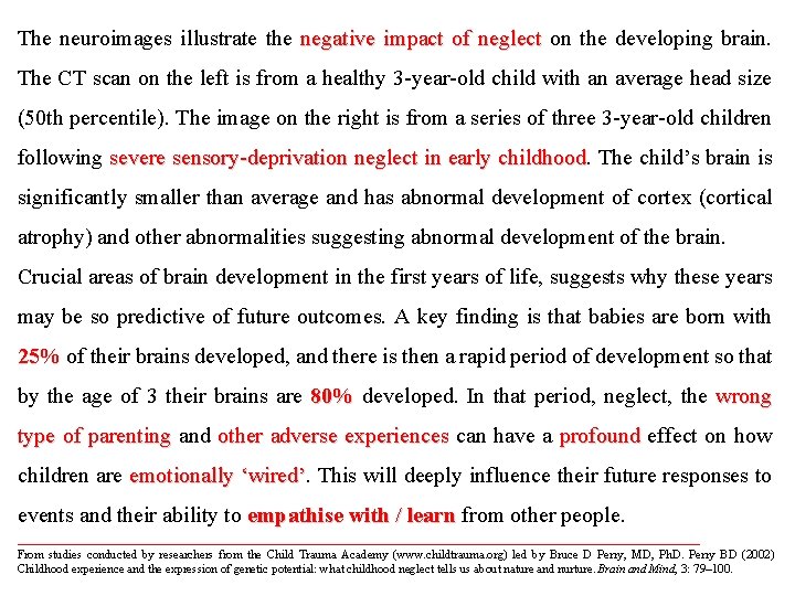 The neuroimages illustrate the negative impact of neglect on the developing brain. The CT