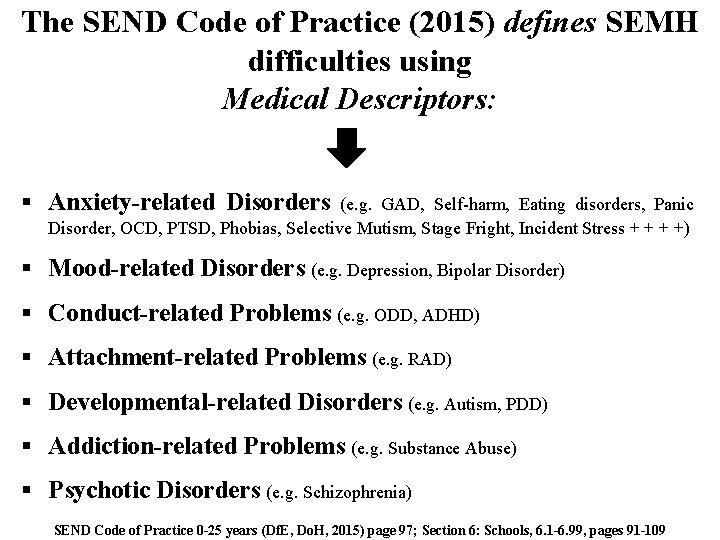 The SEND Code of Practice (2015) defines SEMH difficulties using Medical Descriptors: Anxiety-related Disorders