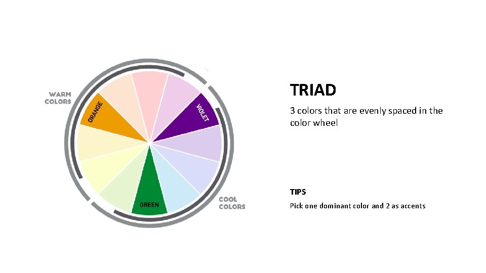 TRIAD 3 colors that are evenly spaced in the color wheel TIPS Pick one