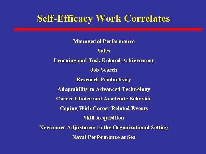 Self-Efficacy Work Correlates: Managerial Performance Sales Learning and Task Related Achievement Job Search Research