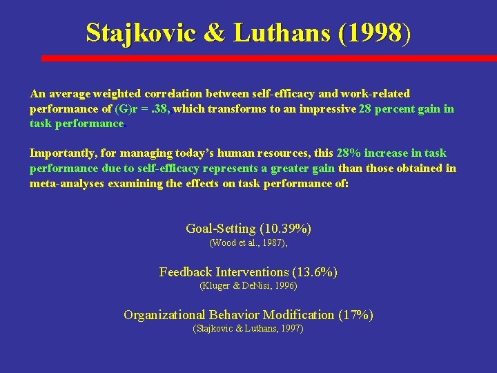 Stajkovic & Luthans (1998) (1998 An average weighted correlation between self-efficacy and work-related performance