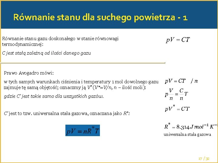 Równanie stanu dla suchego powietrza - 1 Równanie stanu gazu doskonałego w stanie równowagi