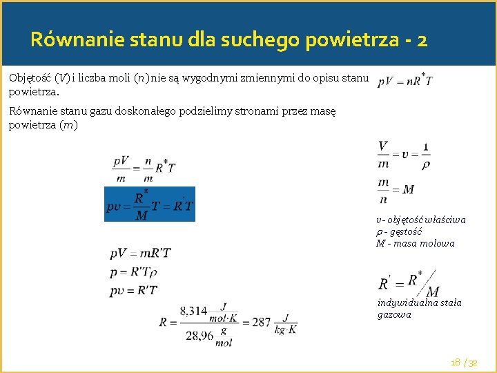 Równanie stanu dla suchego powietrza - 2 Objętość (V) i liczba moli (n) nie