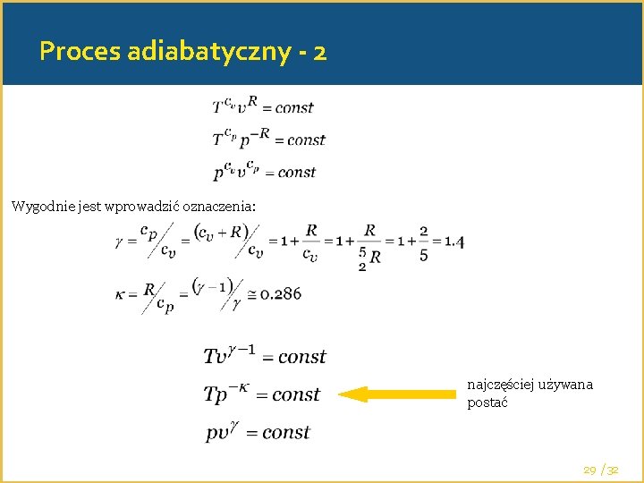 Proces adiabatyczny - 2 Wygodnie jest wprowadzić oznaczenia: najczęściej używana postać 29 /32 