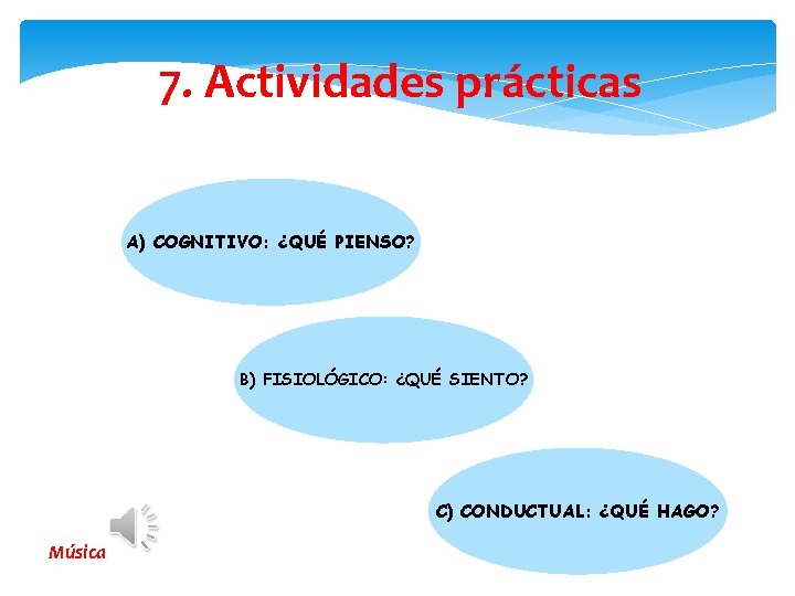 7. Actividades prácticas A) COGNITIVO: ¿QUÉ PIENSO? B) FISIOLÓGICO: ¿QUÉ SIENTO? C) CONDUCTUAL: ¿QUÉ