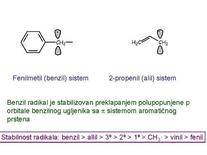  • Fenilmetil (benzil) sistem • 2 -propenil (alil) sistem Benzil radikal je stabilizovan