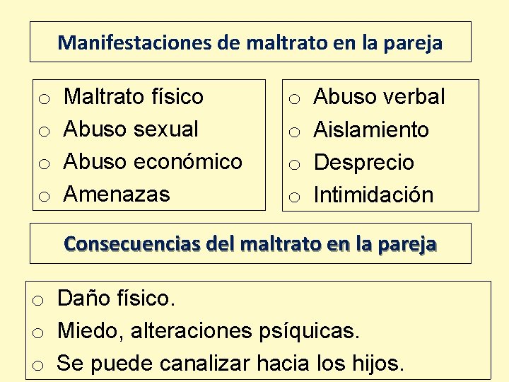 Manifestaciones de maltrato en la pareja o o Maltrato físico Abuso sexual Abuso económico